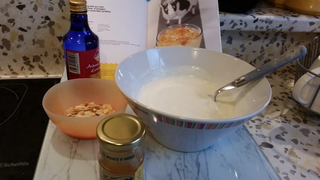 Yaourt au miel à la fleur d’oranger et aux amandes grillées.